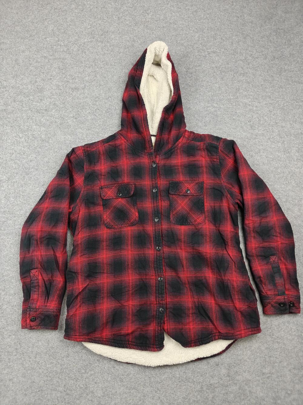 Boston Traders Shirt Womens Large Red Black Plaid Flannel Hooded Lined Button-Up